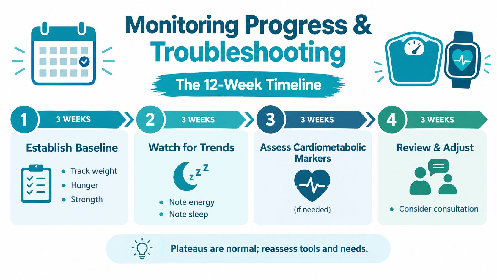 A 12-week timeline infographic illustrating steps to monitor progress and troubleshoot weight loss goals.