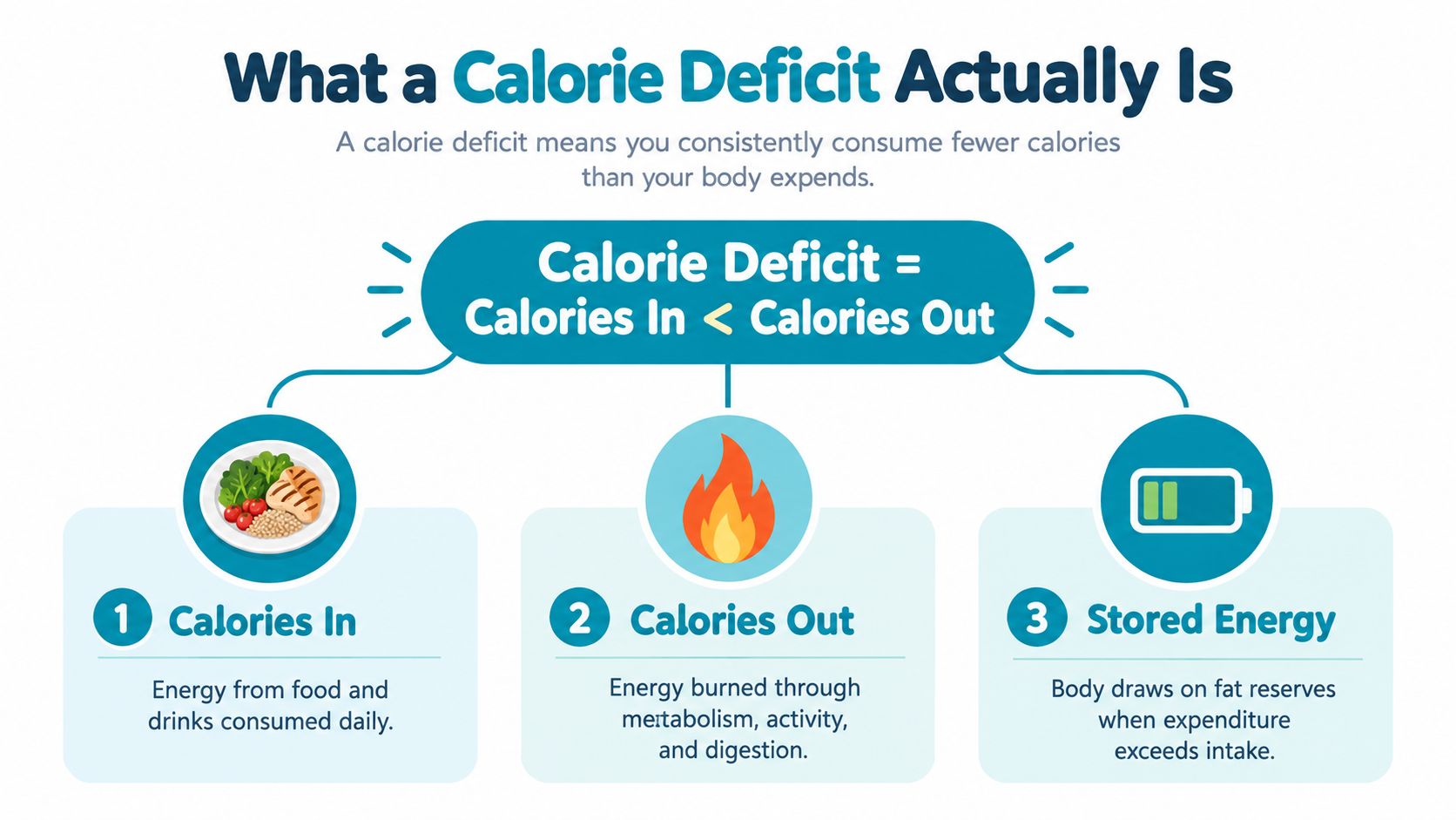 A colorful infographic explaining that a calorie deficit occurs when calories consumed are less than calories expended.