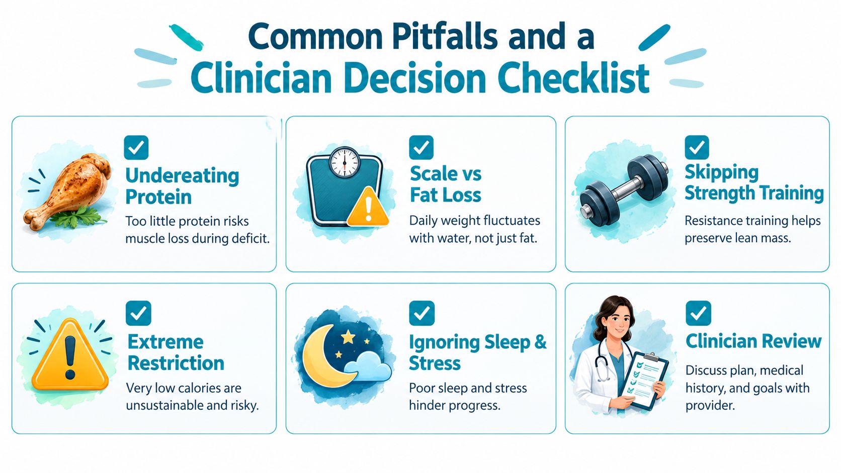 An infographic detailing common pitfalls in diet and weight loss plans with a clinician decision checklist.