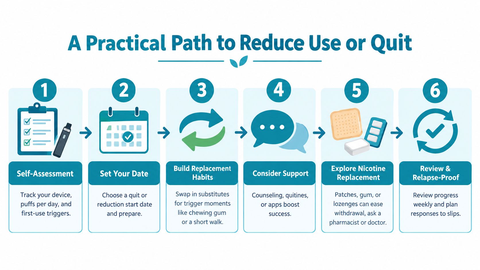 An infographic showing a six-step practical path to reduce or quit disposable vaping habits.