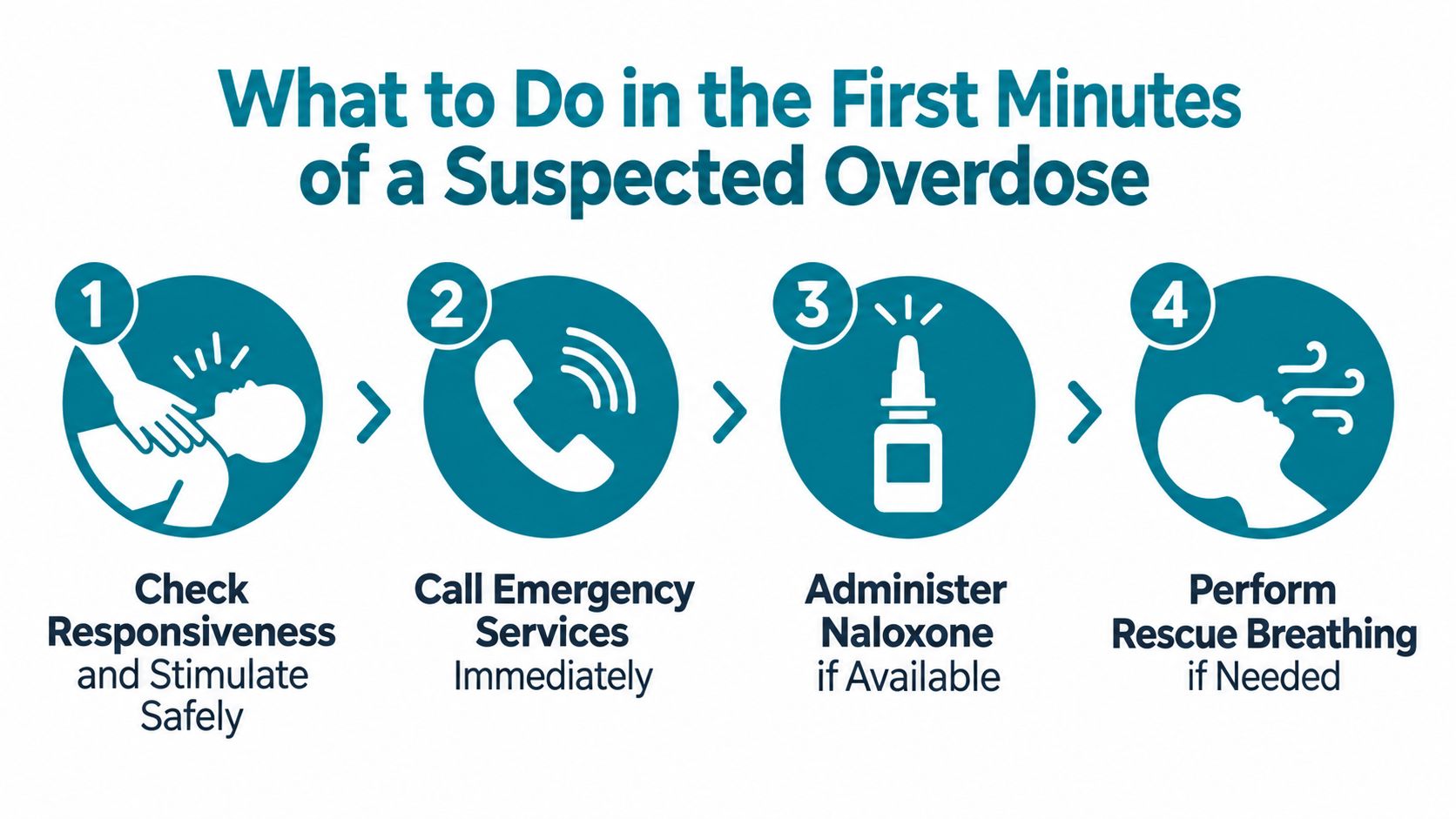 A four-step infographic illustrating emergency procedures to follow during a suspected drug overdose incident.