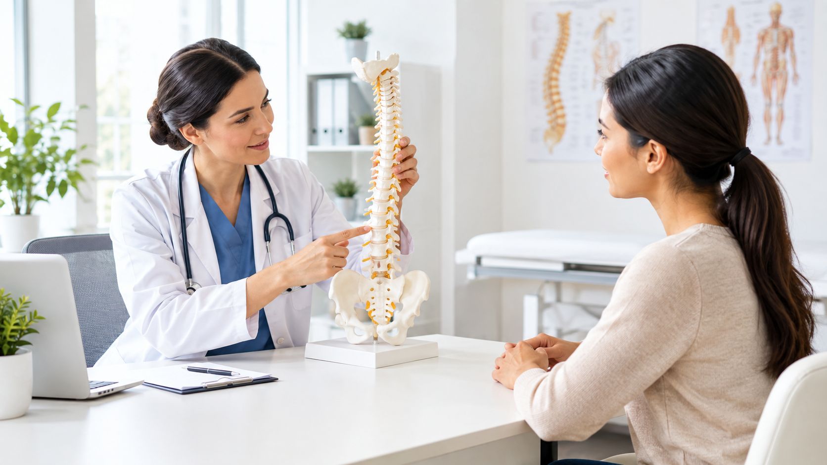 A female doctor explaining spinal health to a patient using a model of a human spine.