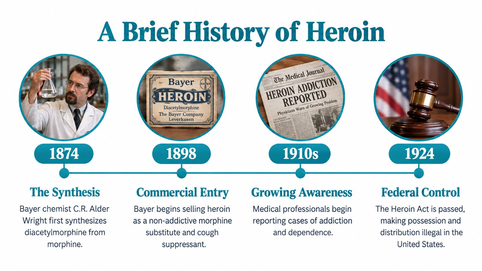 A timeline graphic illustrating the history of heroin, from its 1874 synthesis to its 1924 federal prohibition.