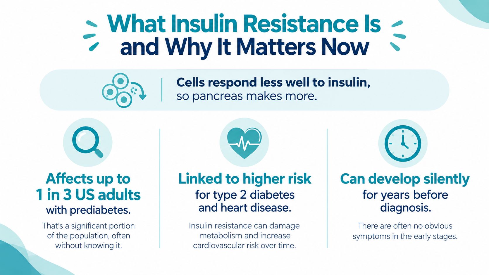 An infographic explaining that insulin resistance causes cells to respond poorly to insulin, increasing diabetes and heart risks.