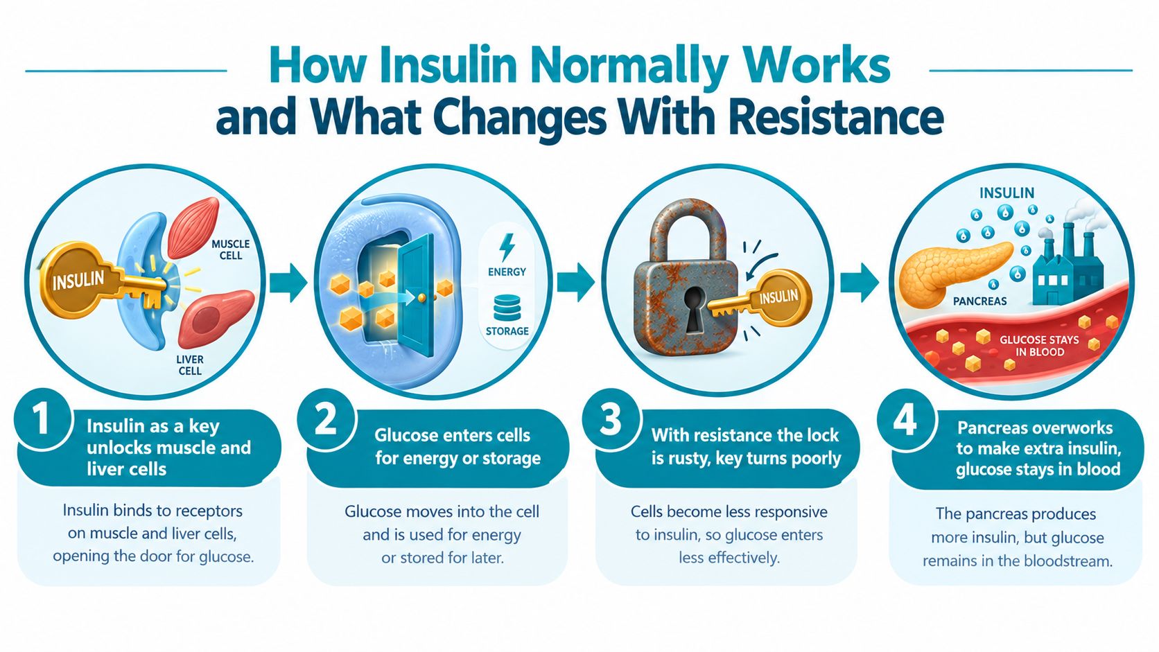 A diagram illustrating how insulin functions in normal cells versus cells with insulin resistance.