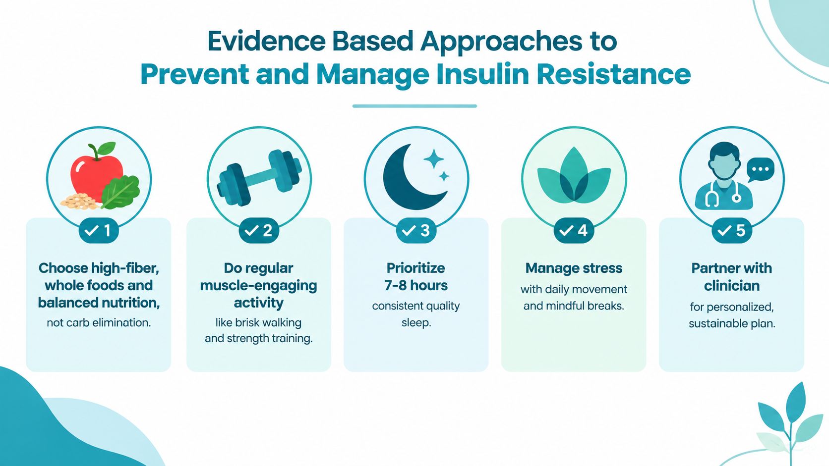 A colorful infographic illustrating five evidence-based approaches to effectively prevent and manage insulin resistance through lifestyle choices.