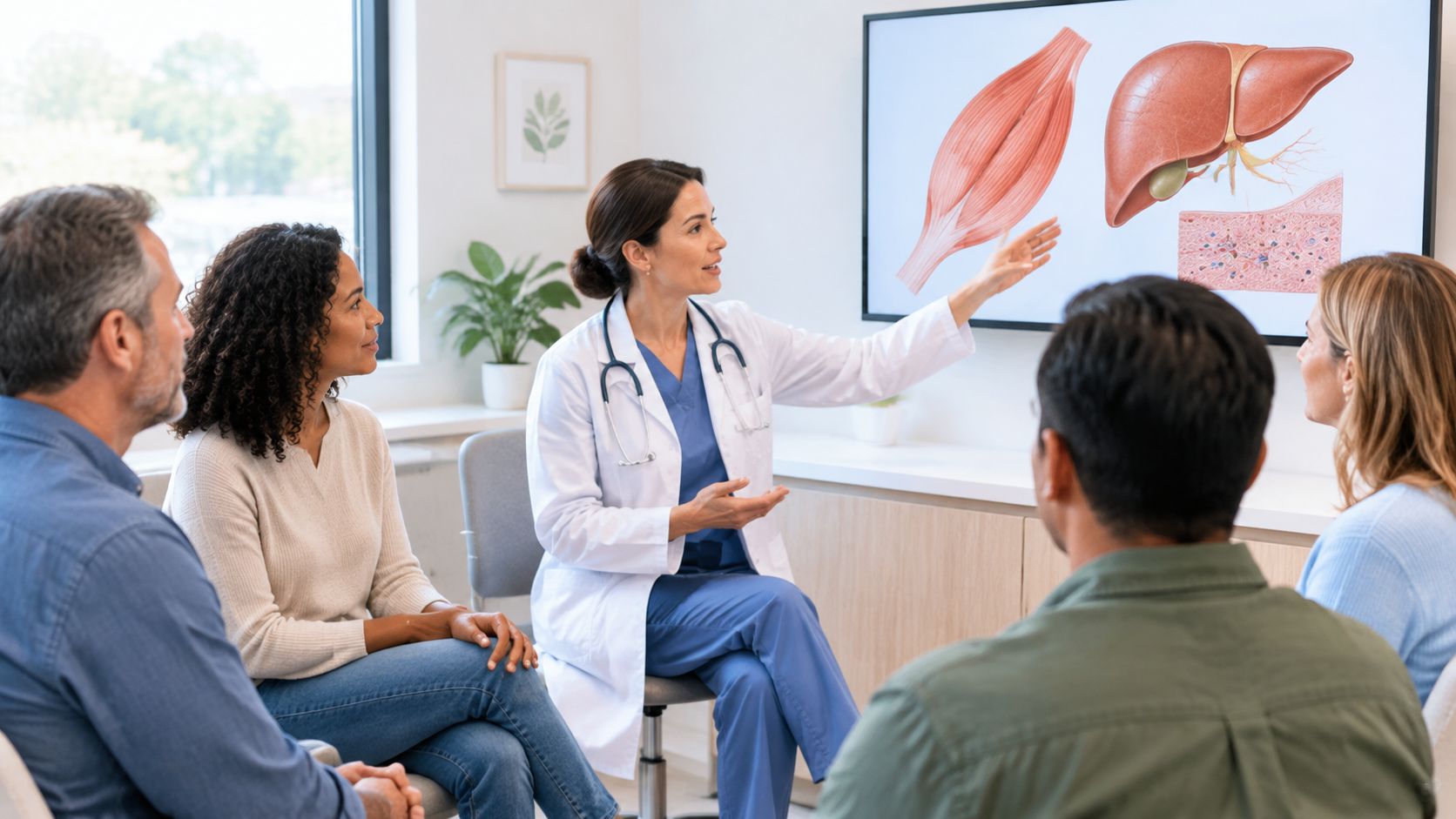 A doctor explaining medical diagrams of internal organs to a group of people in a consultation room.
