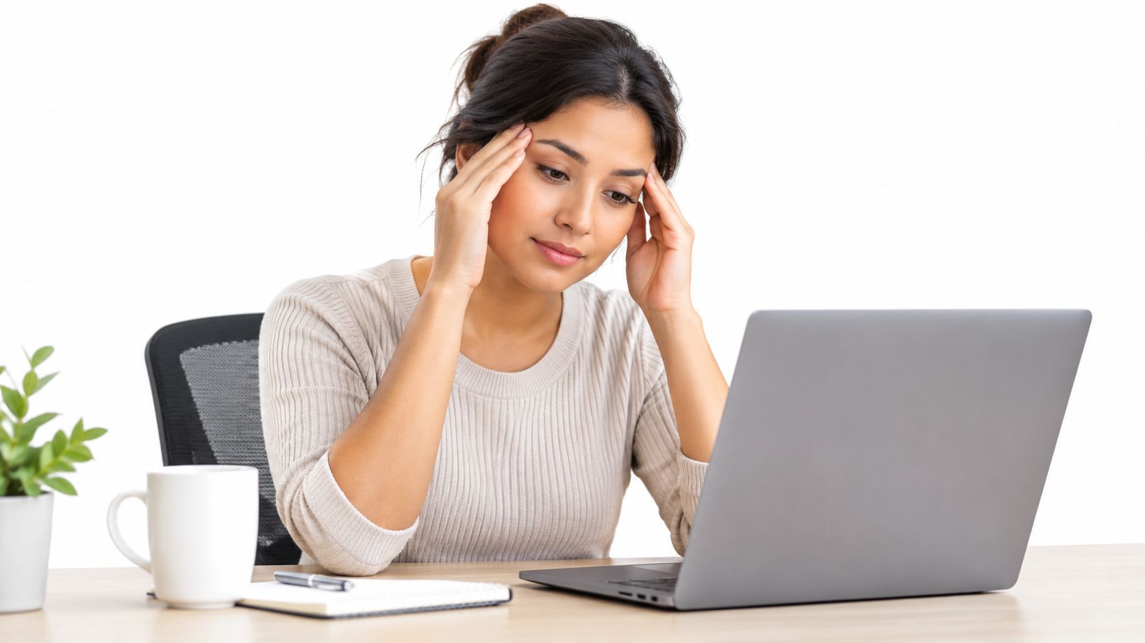 A woman experiencing a headache while working on her laptop at a desk in an office.