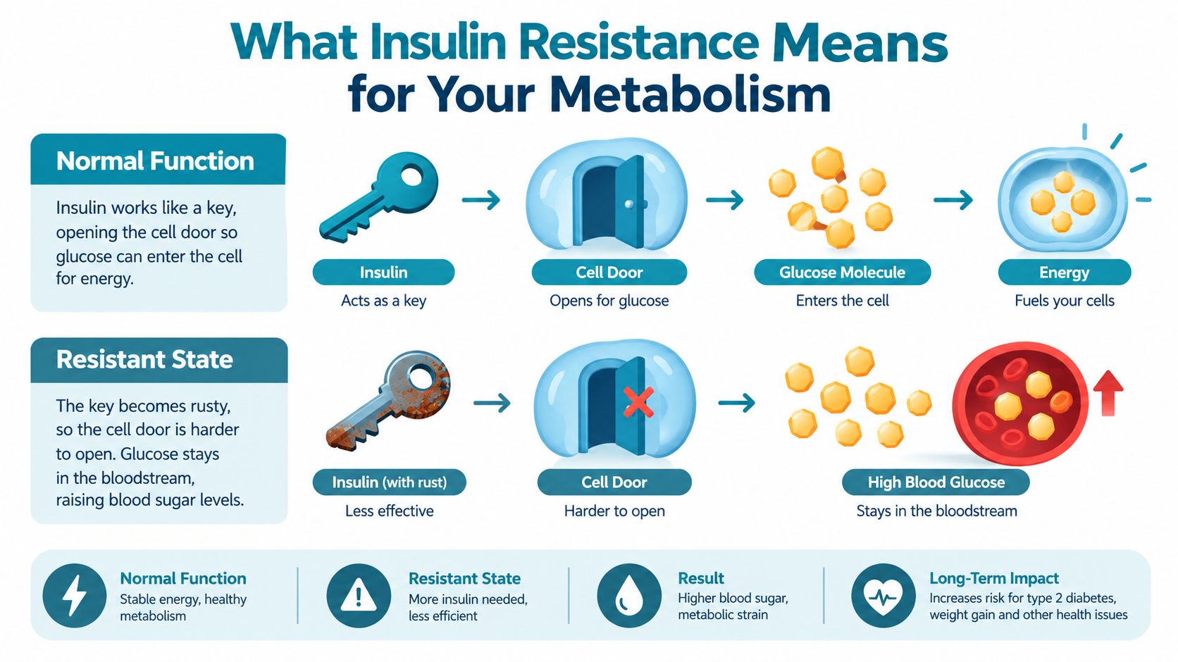 An infographic showing how insulin resistance prevents glucose from entering cells, leading to high blood sugar levels.