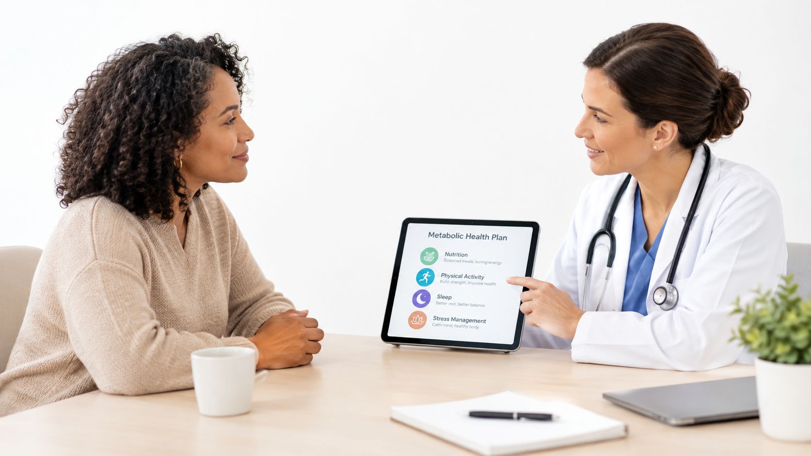 A female doctor discusses a metabolic health plan on a tablet screen with her female patient.