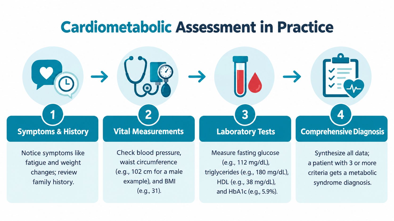 A four-step cardiometabolic assessment process including symptoms, vital measurements, laboratory tests, and a comprehensive syndrome diagnosis.