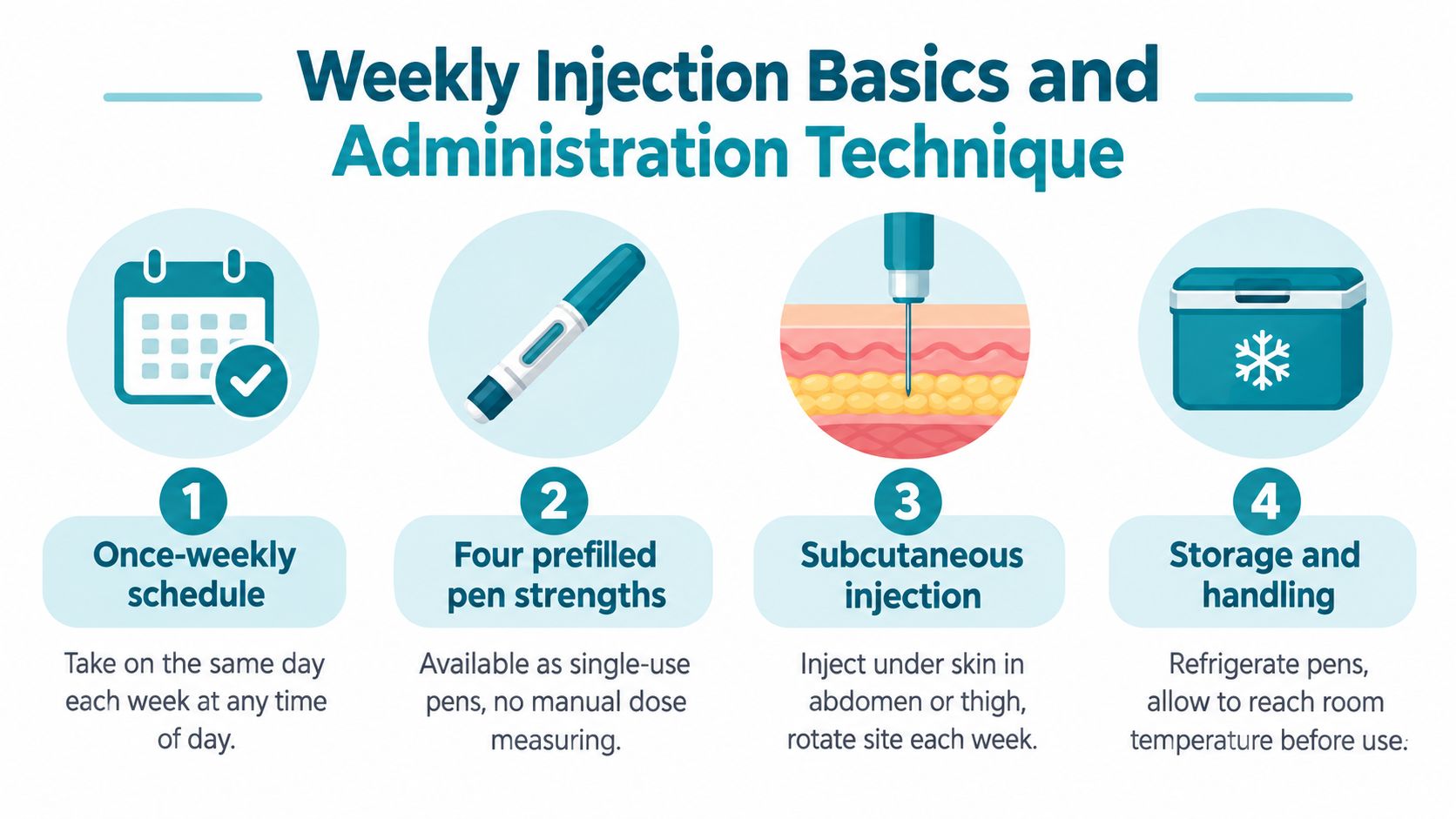 An infographic showing four steps for weekly injection administration, including scheduling, pen type, injection site, and storage.