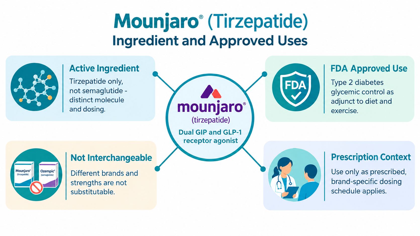 An infographic detailing Mounjaro's active ingredient, FDA-approved uses, non-interchangeability with other medications, and prescription context.