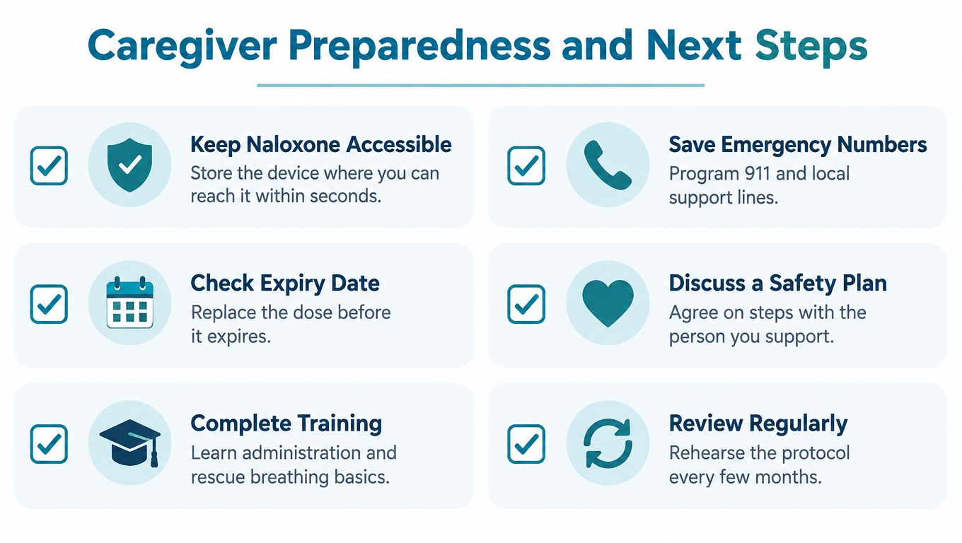 An infographic listing six essential preparedness steps for caregivers using naloxone in emergency situations.