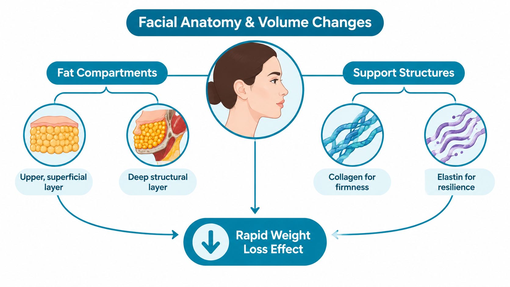 A diagram illustrating how facial anatomy and volume changes occur due to rapid weight loss effects.
