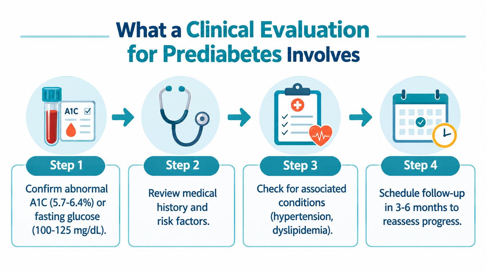 A flow chart illustrating four clinical evaluation steps for diagnosing and managing prediabetes in patients.