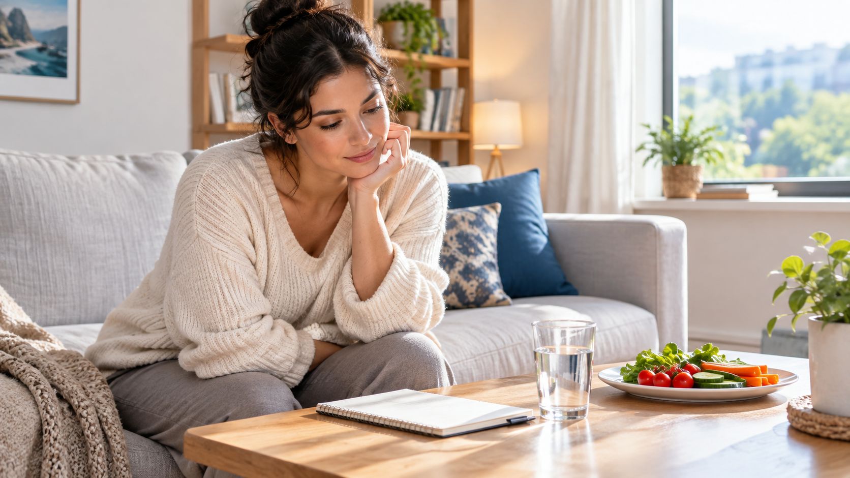 A woman sits on a couch at home, looking thoughtfully at a notebook with healthy snacks nearby.