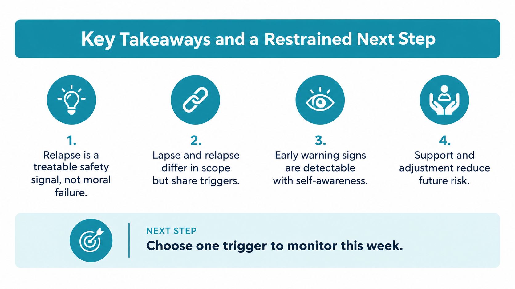 A graphic titled Key Takeaways with four numbered points about relapse management and a call to action.