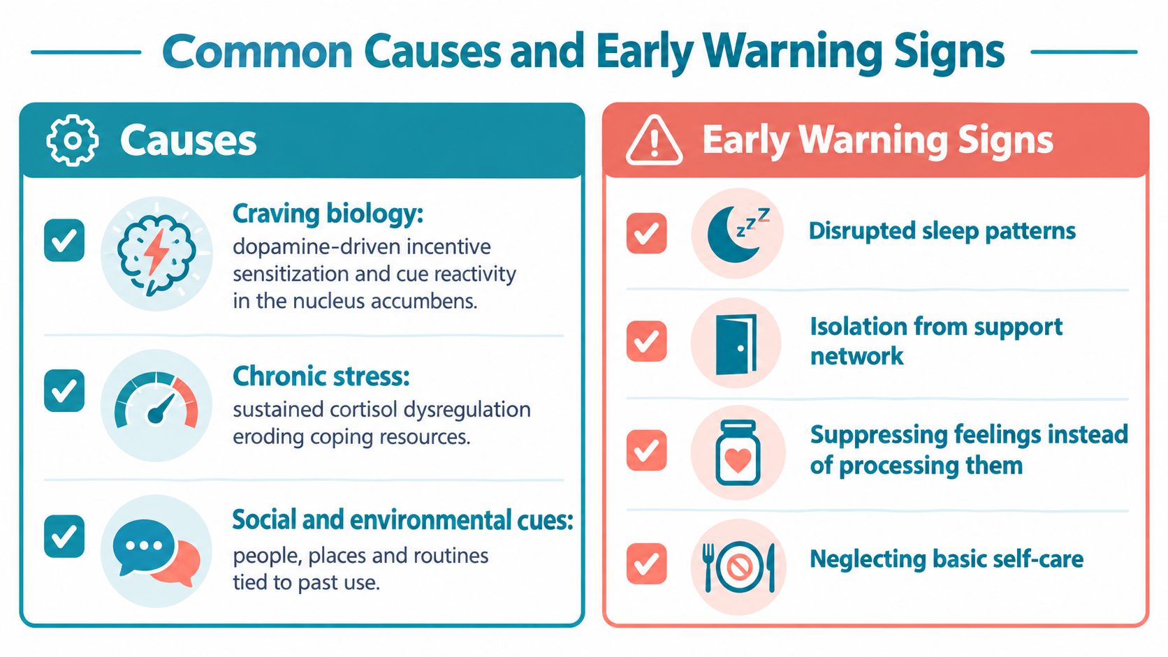 An infographic detailing common causes of substance relapse and early warning signs to watch for.
