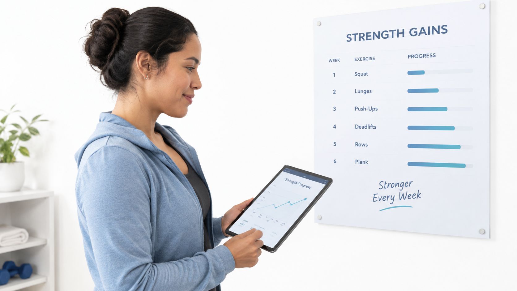 A smiling woman checks her strength training progress on a digital tablet while reviewing a wall chart.
