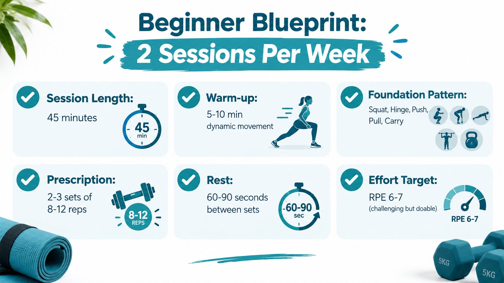 A beginner workout blueprint infographic showing session length, warm-up, movement patterns, reps, rest, and effort levels.