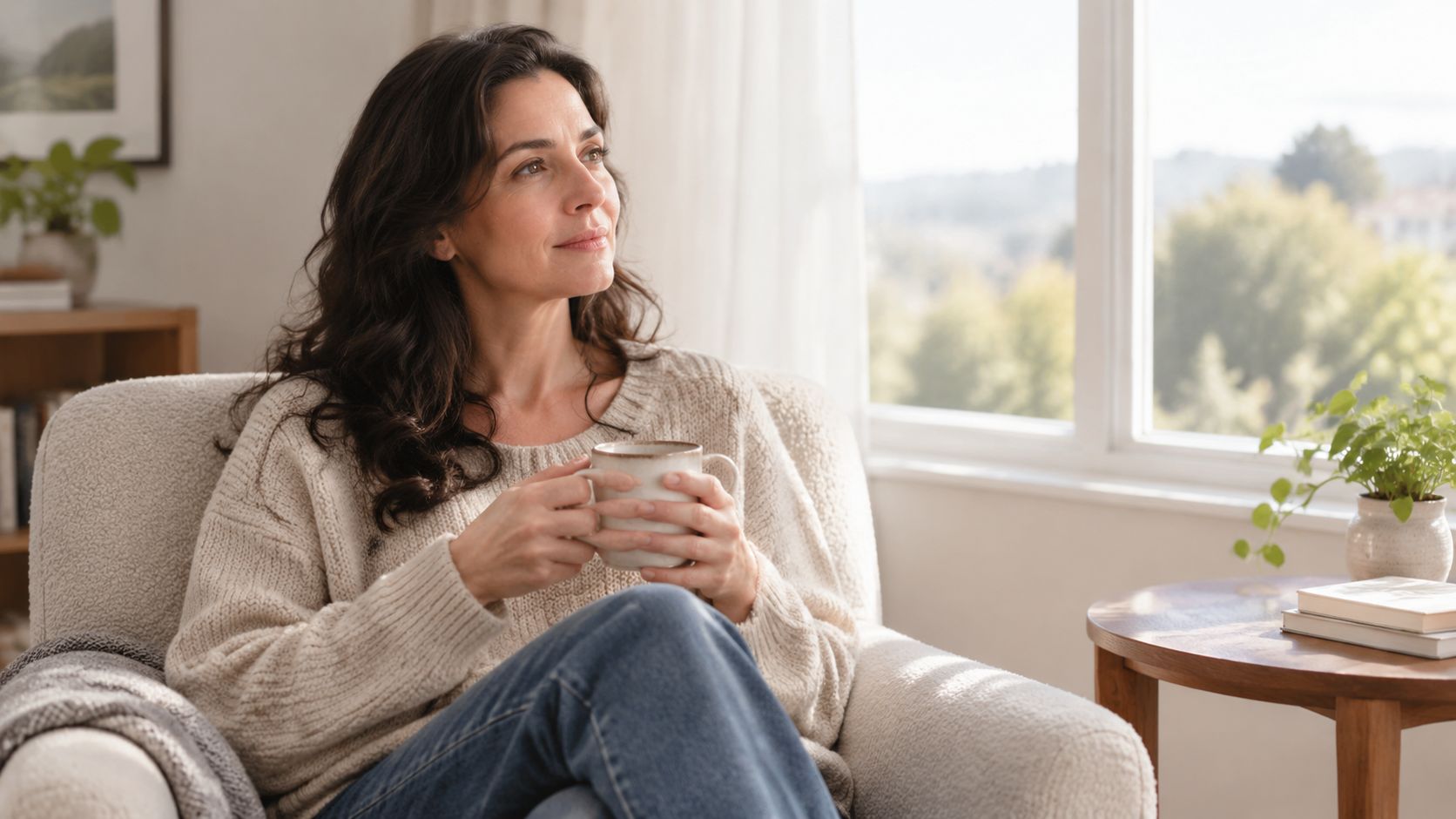 A woman comfortably sitting in an armchair with a warm drink, looking out of the window peacefully.