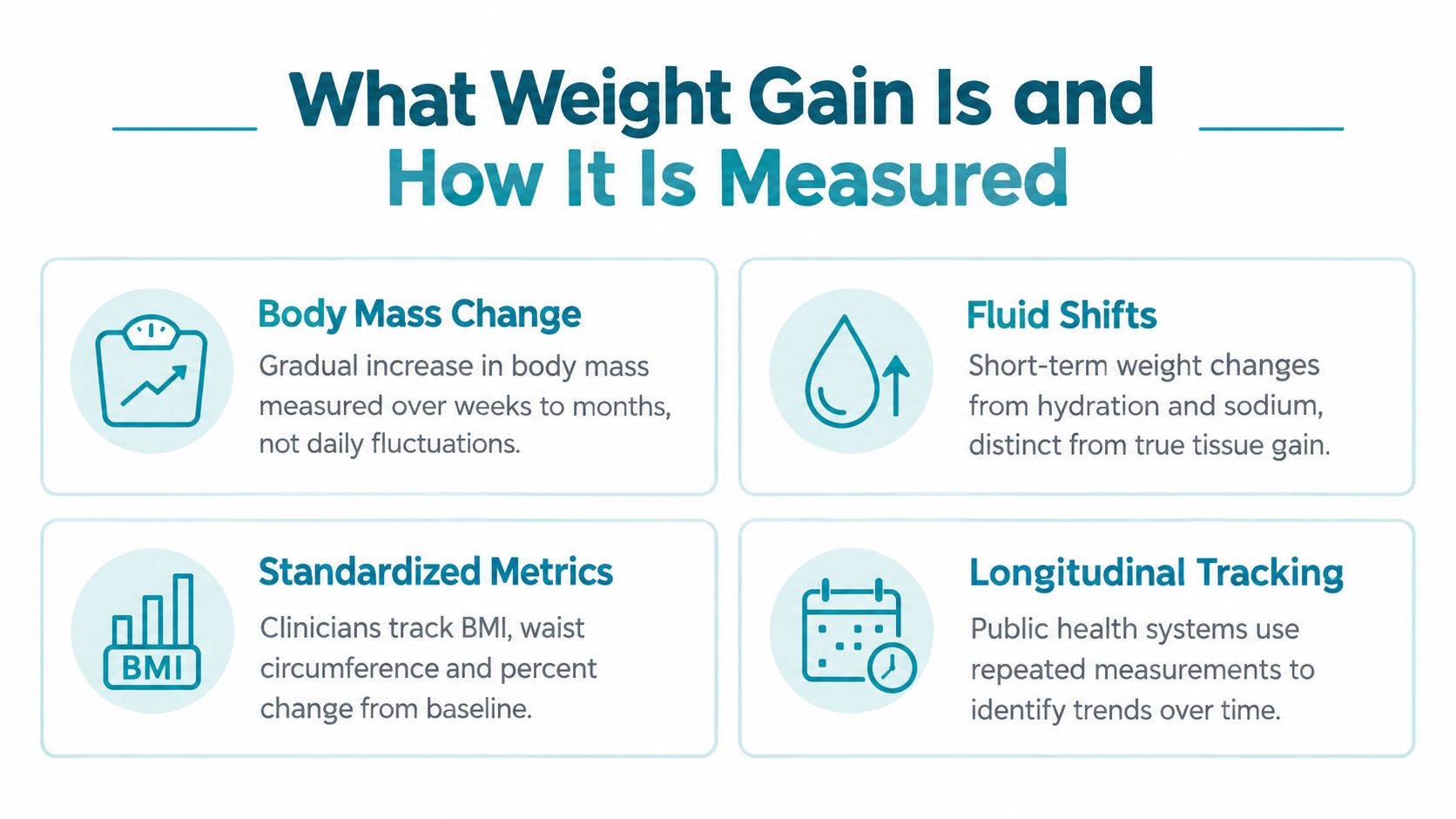 An infographic titled What Weight Gain Is and How It Is Measured explaining body mass, hydration, and tracking.