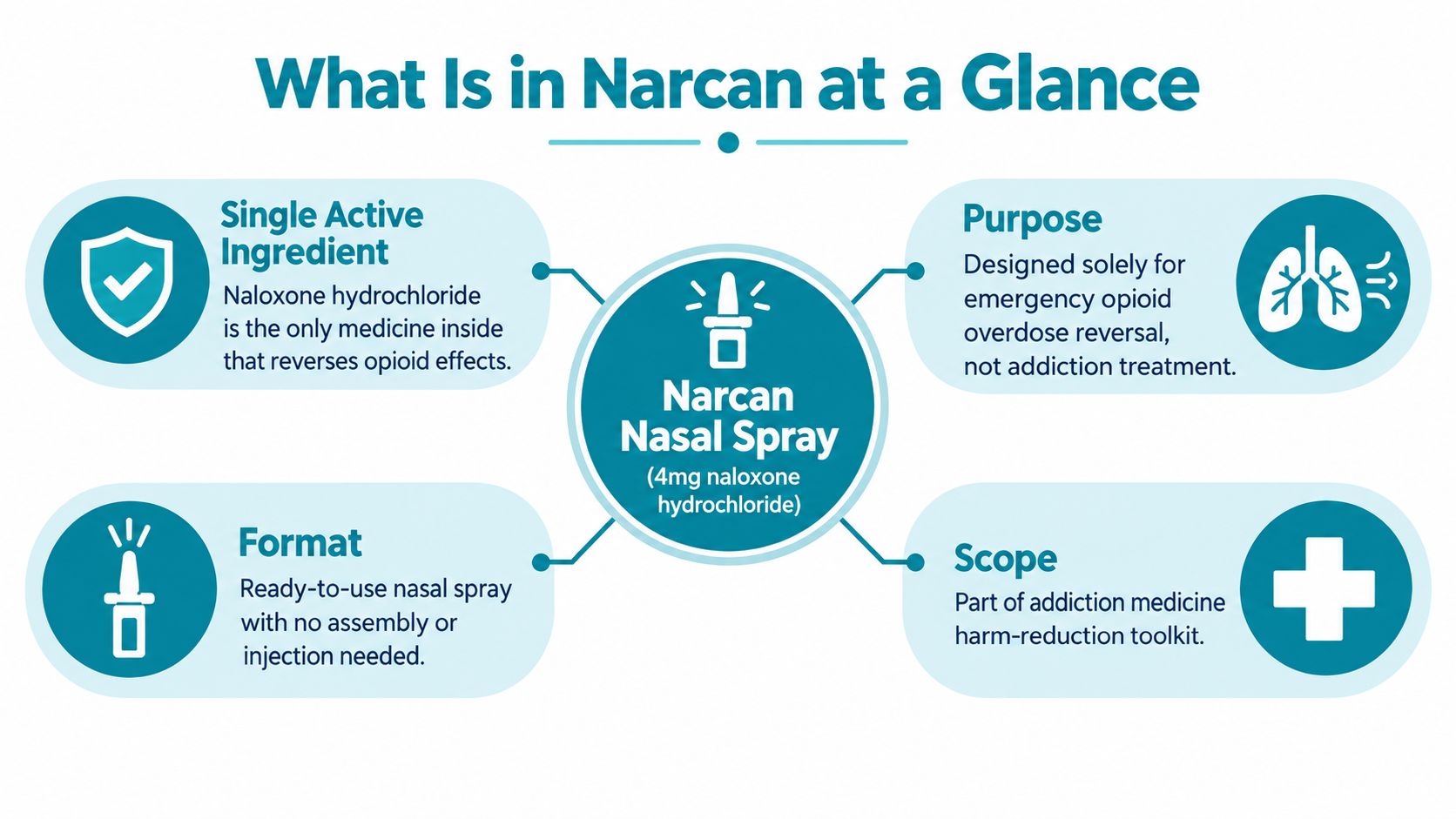 An infographic titled What Is in Narcan at a Glance explaining its ingredient, purpose, format, and scope.