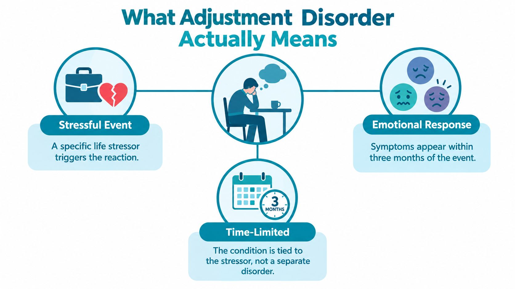 An infographic explaining the three main components of adjustment disorder including stress, time-limit, and emotional response.