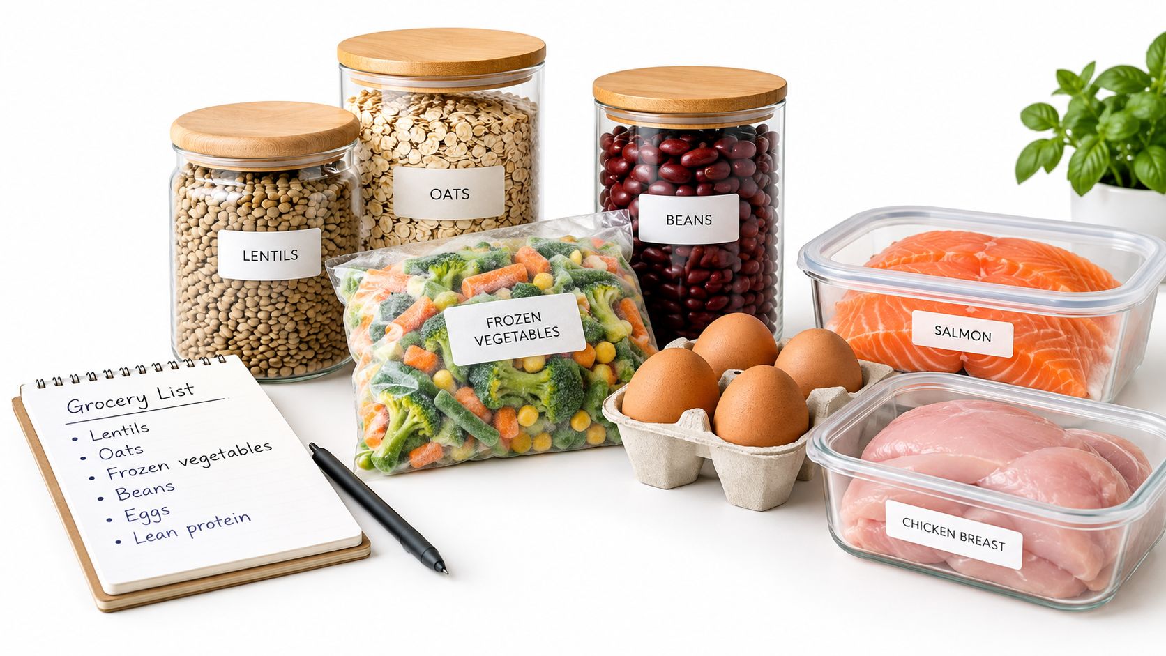 A organized grocery list with assorted healthy food items including grains, beans, eggs, fish, and chicken breast.