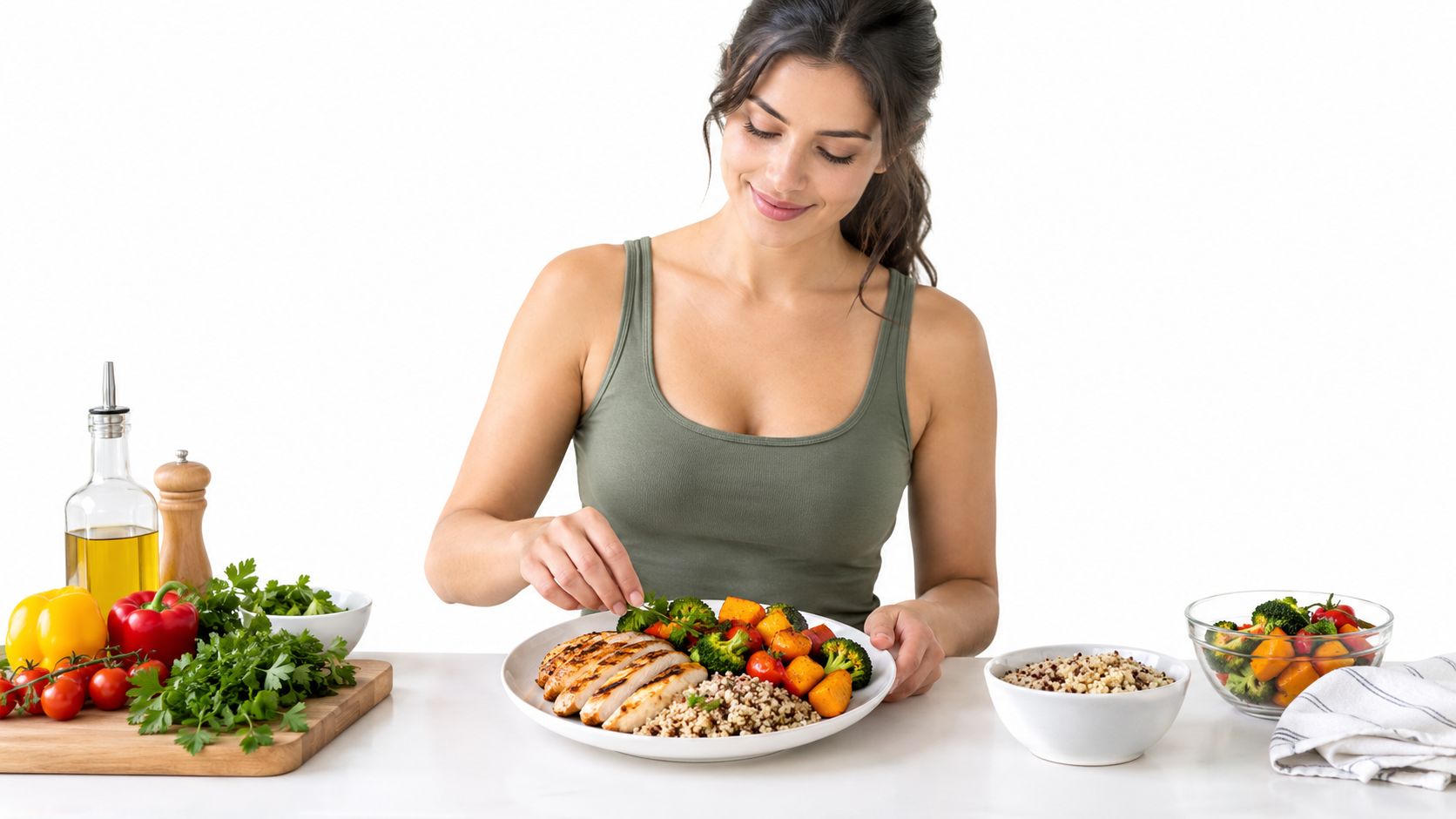 A healthy woman garnishing a balanced meal featuring grilled chicken, quinoa, and roasted vegetables on a plate.