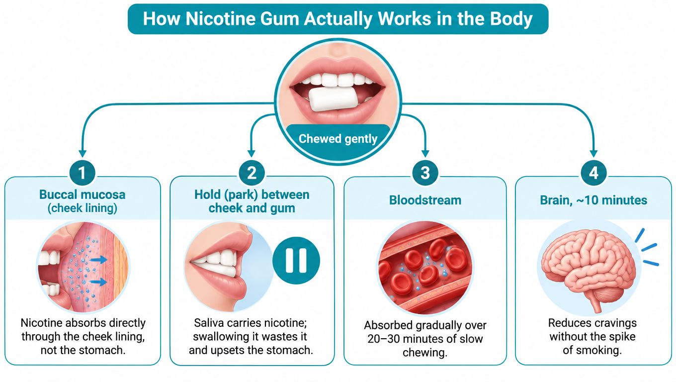An educational infographic explaining the process of how nicotine gum is absorbed by the human body.