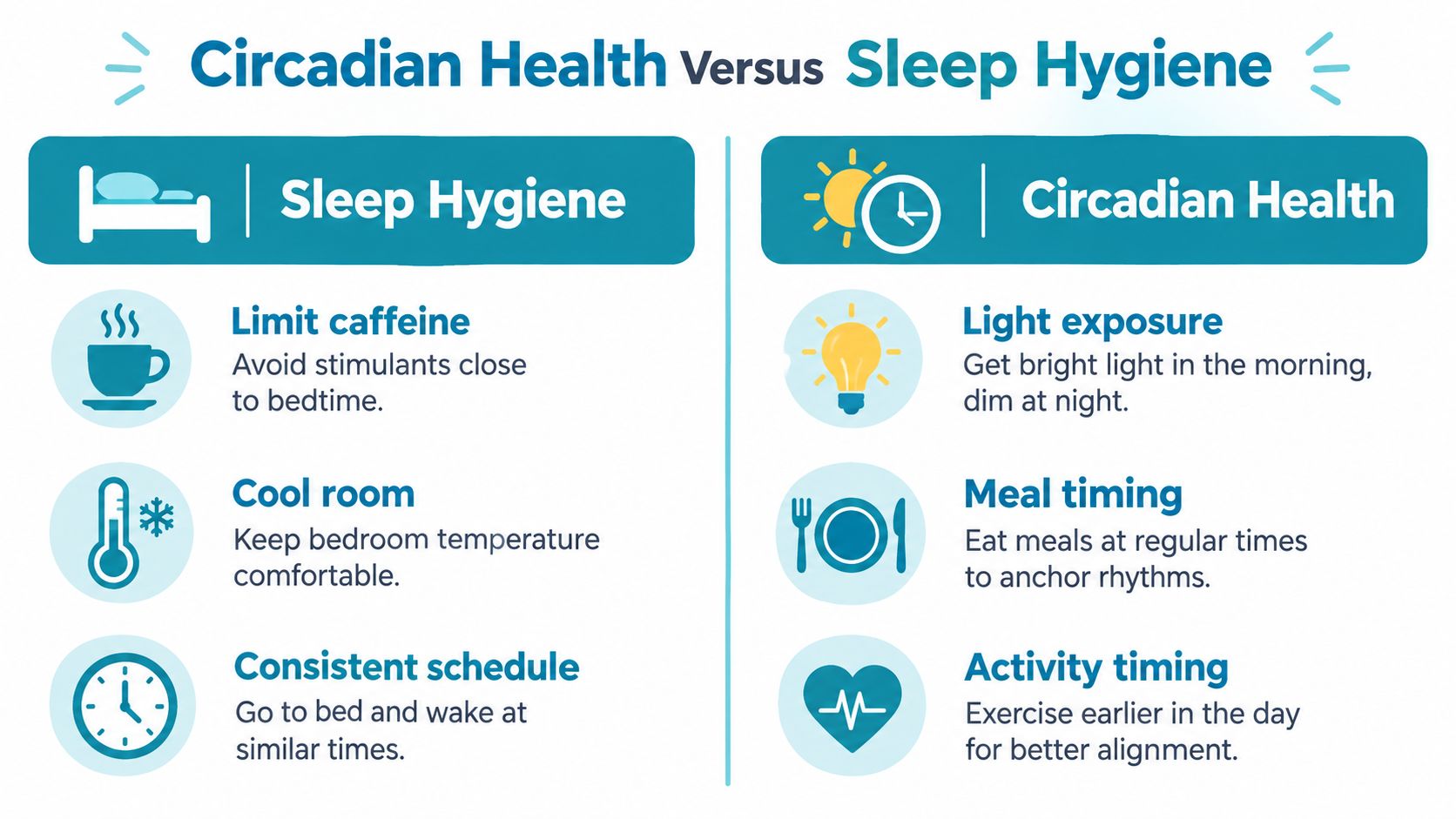 An infographic comparing sleep hygiene practices and circadian health habits for better sleep and well-being.