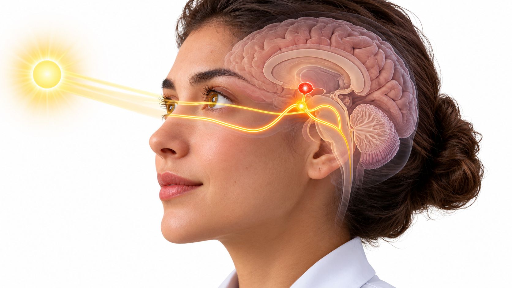 A diagram showing how sunlight enters the eyes to influence the brain's circadian rhythm and internal clock.