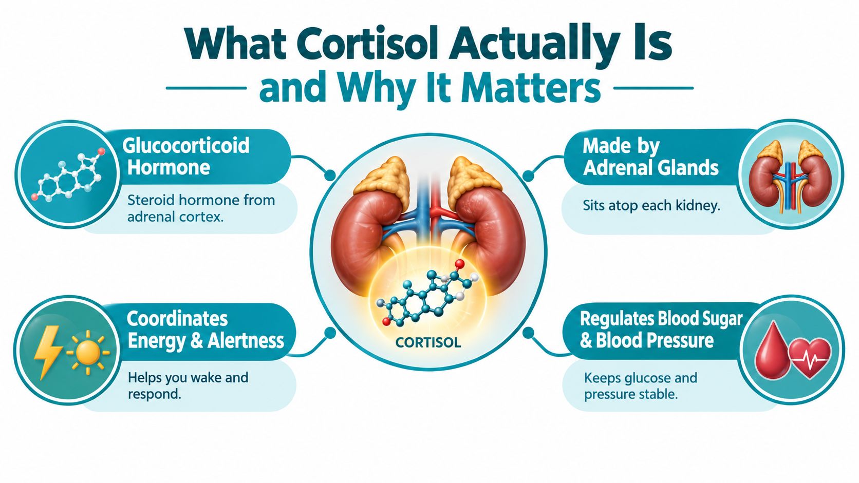 A detailed medical infographic explaining what cortisol is, its origin in the adrenal glands, and its bodily functions.