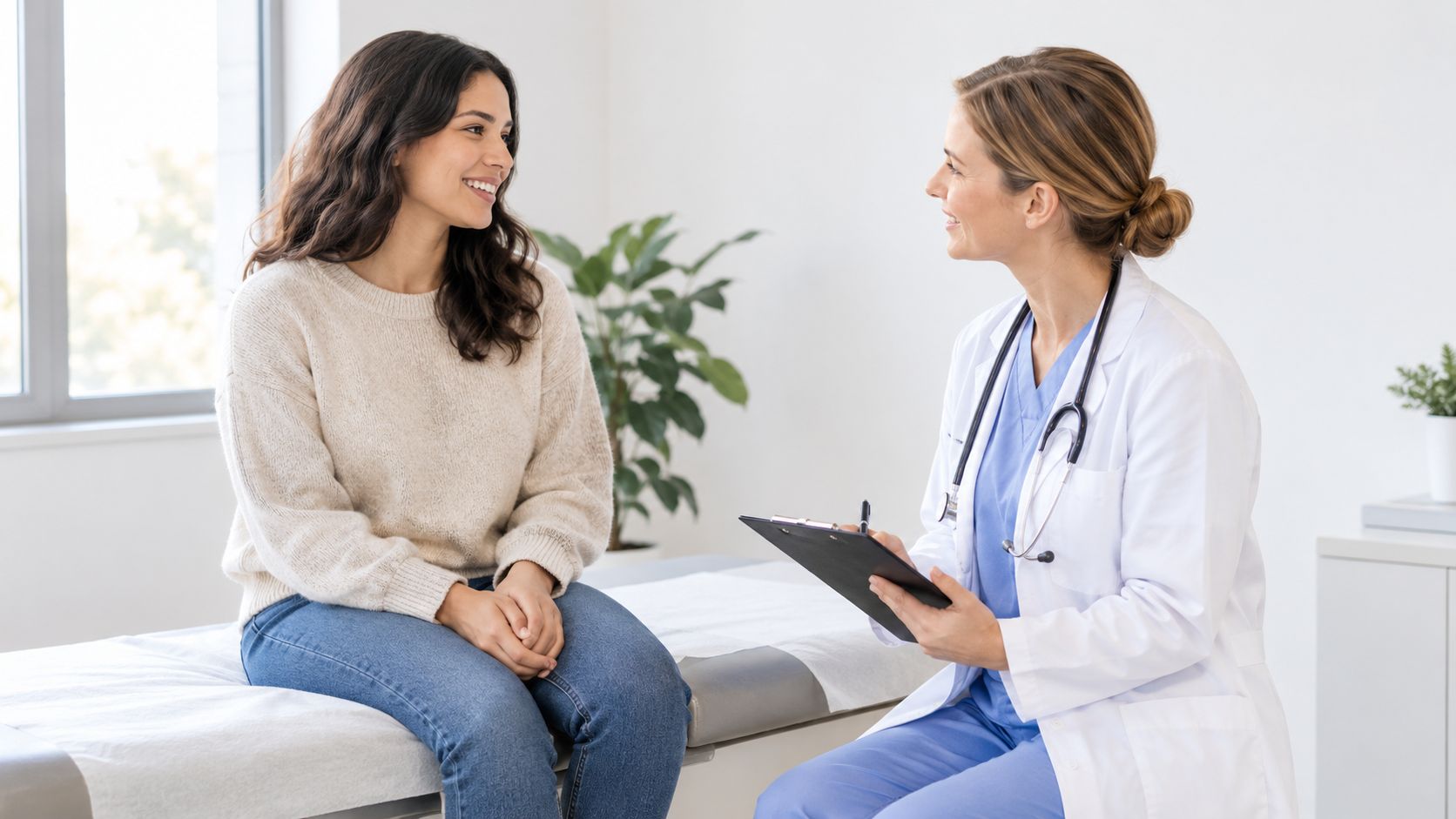 A female doctor with a stethoscope consults with a smiling young female patient in a medical office.