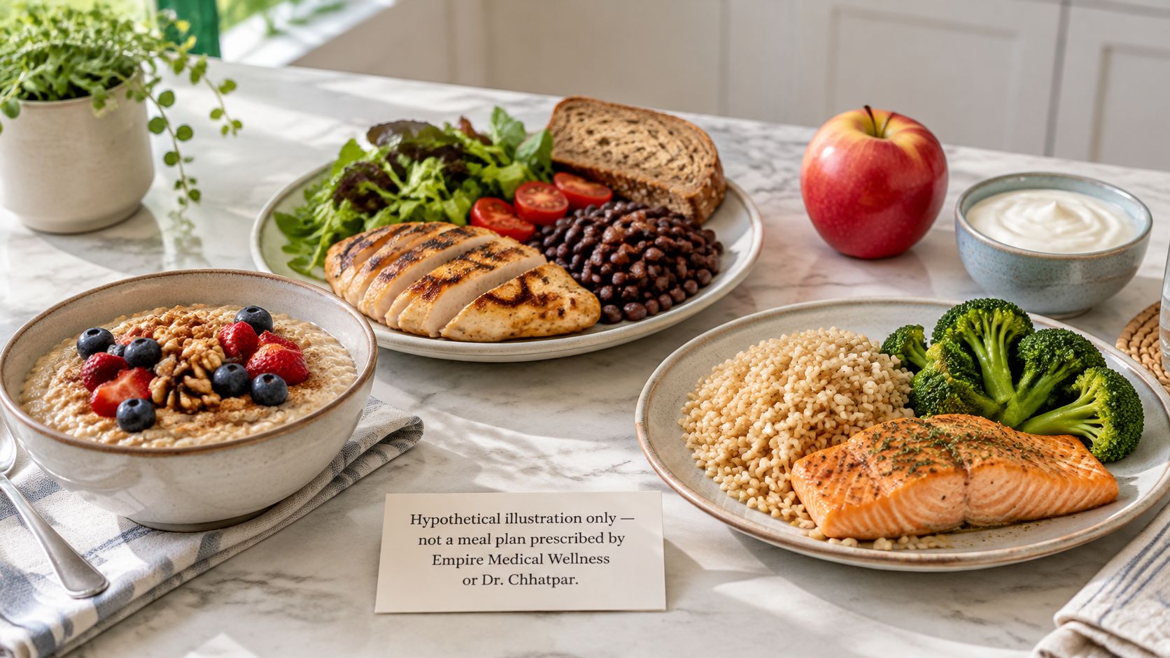 A healthy table display featuring balanced meals with salmon, chicken, oatmeal, beans, and fresh vegetables.