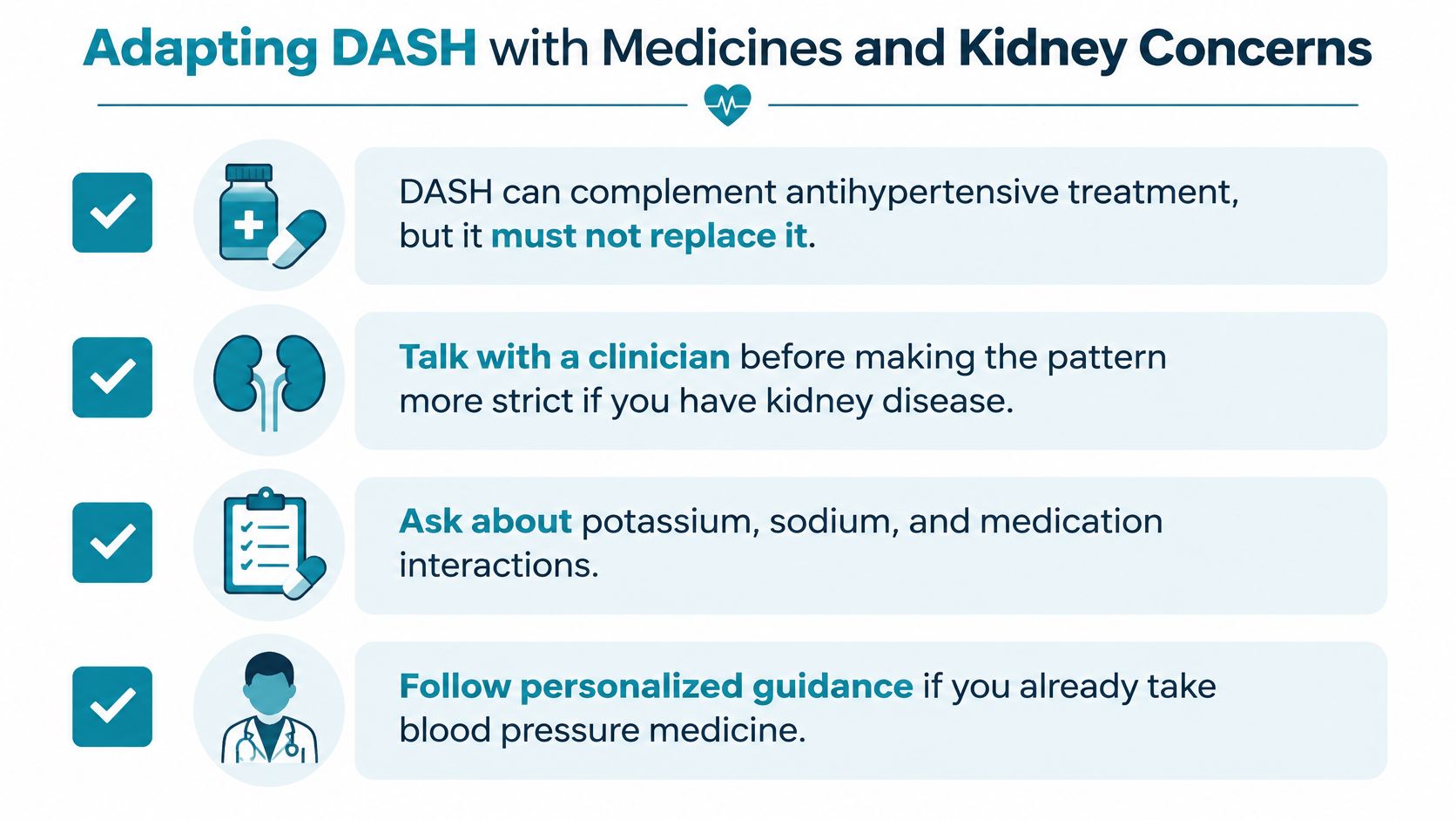A list of four essential considerations for adapting the DASH diet when managing high blood pressure and kidney concerns.