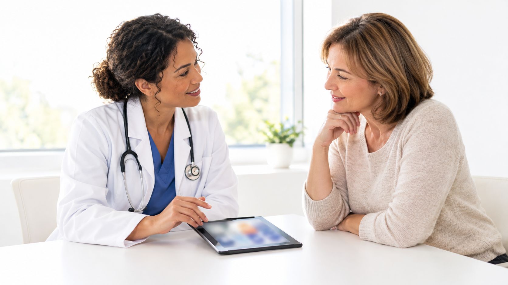 A friendly female doctor explaining medical results on a digital tablet to her patient during consultation.