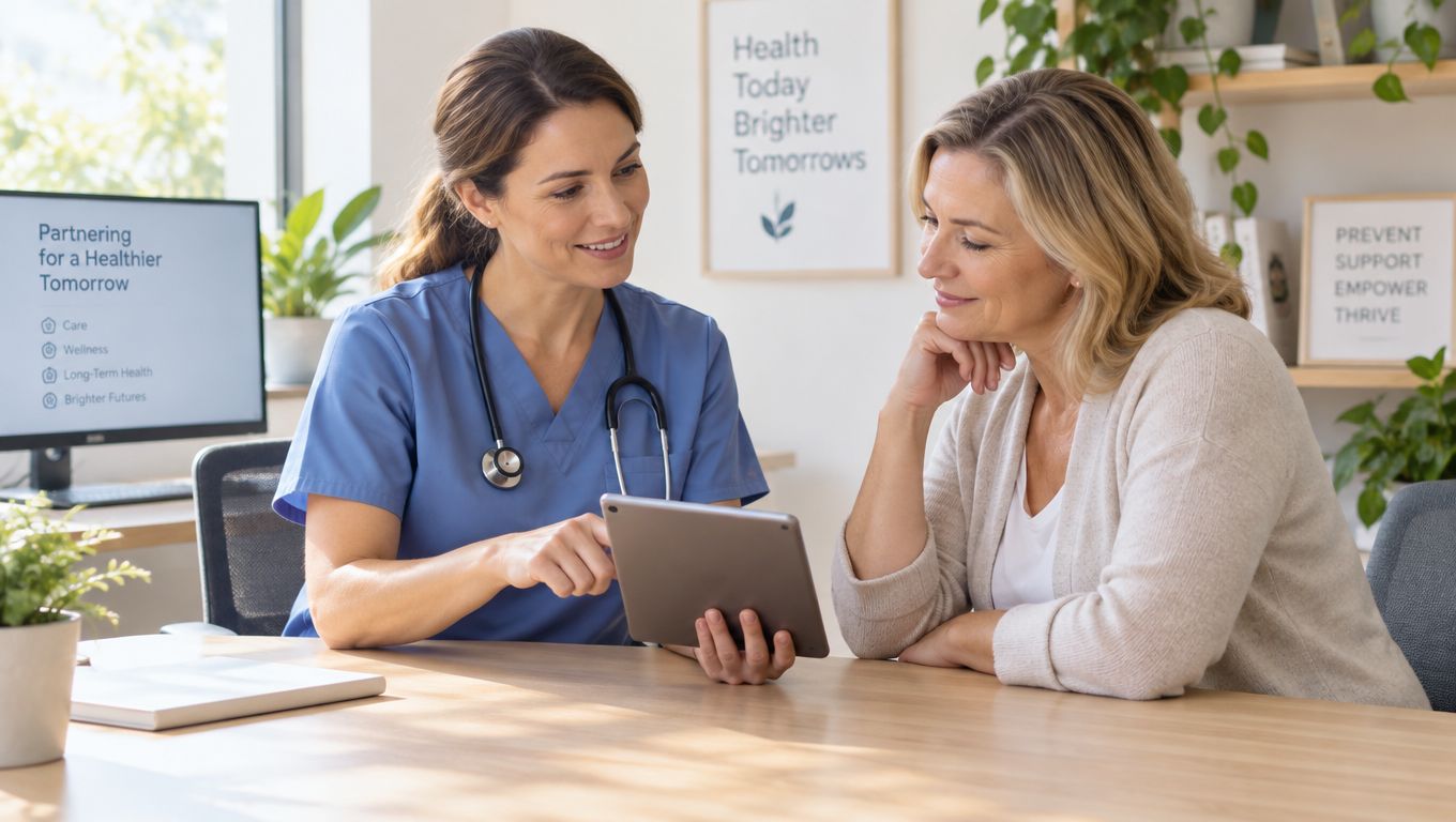 A smiling healthcare professional explains medical information on a tablet to a patient during an office visit.