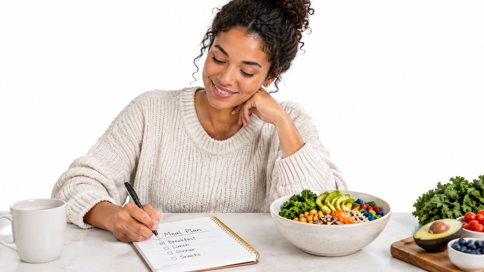 A smiling woman in a cozy sweater writing a meal plan next to a healthy vegetable bowl.