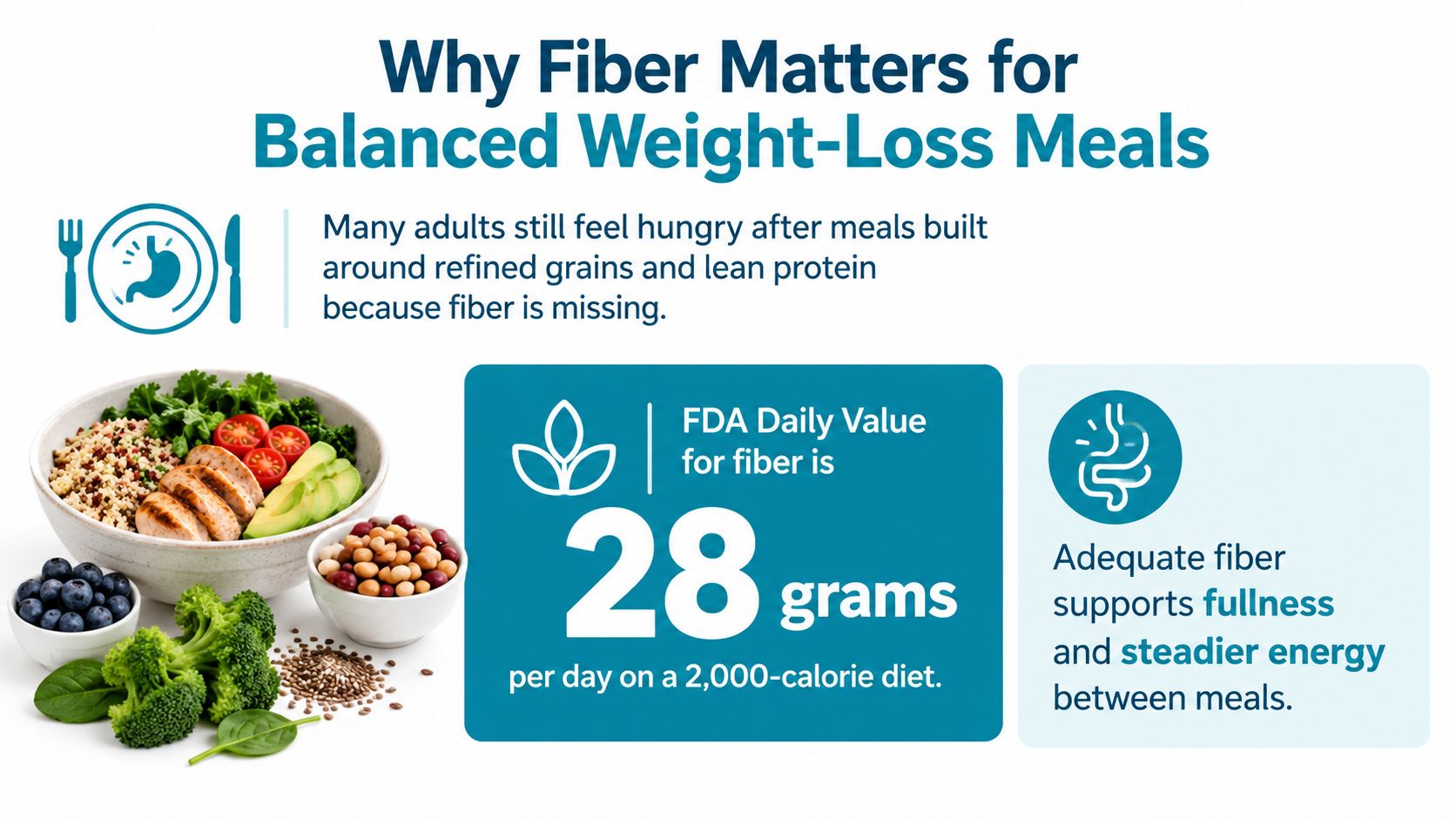 An infographic explaining that fiber is essential for weight loss and sustained energy levels throughout the day.