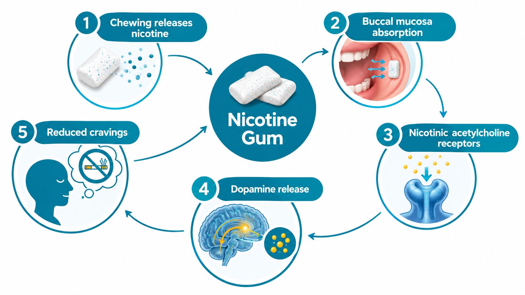 A diagram illustrating the five-step process of how nicotine gum works in the body.
