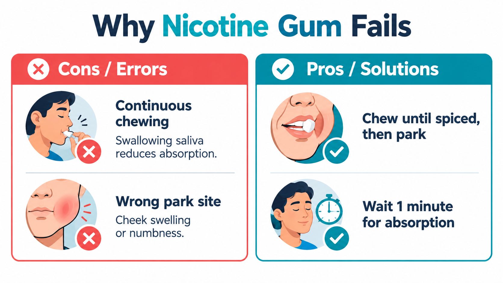 An infographic illustrating common mistakes and proper usage instructions for taking nicotine gum for smoking cessation.