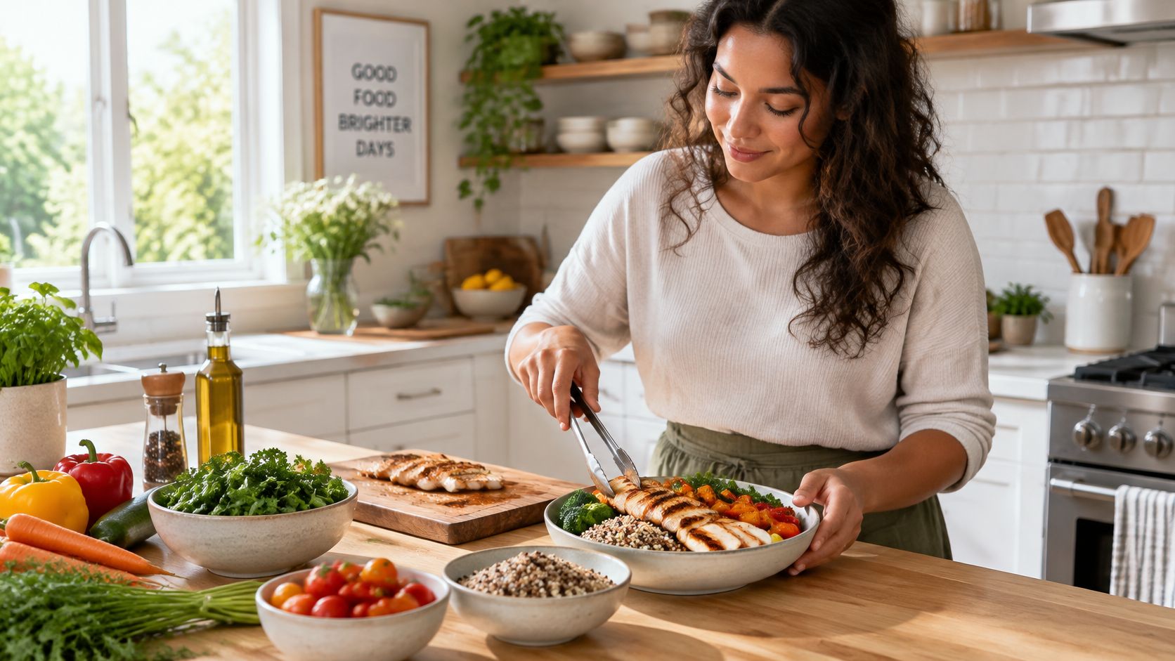 A woman preparing a nutritious high-protein meal with grilled chicken and vegetables in a bright kitchen.