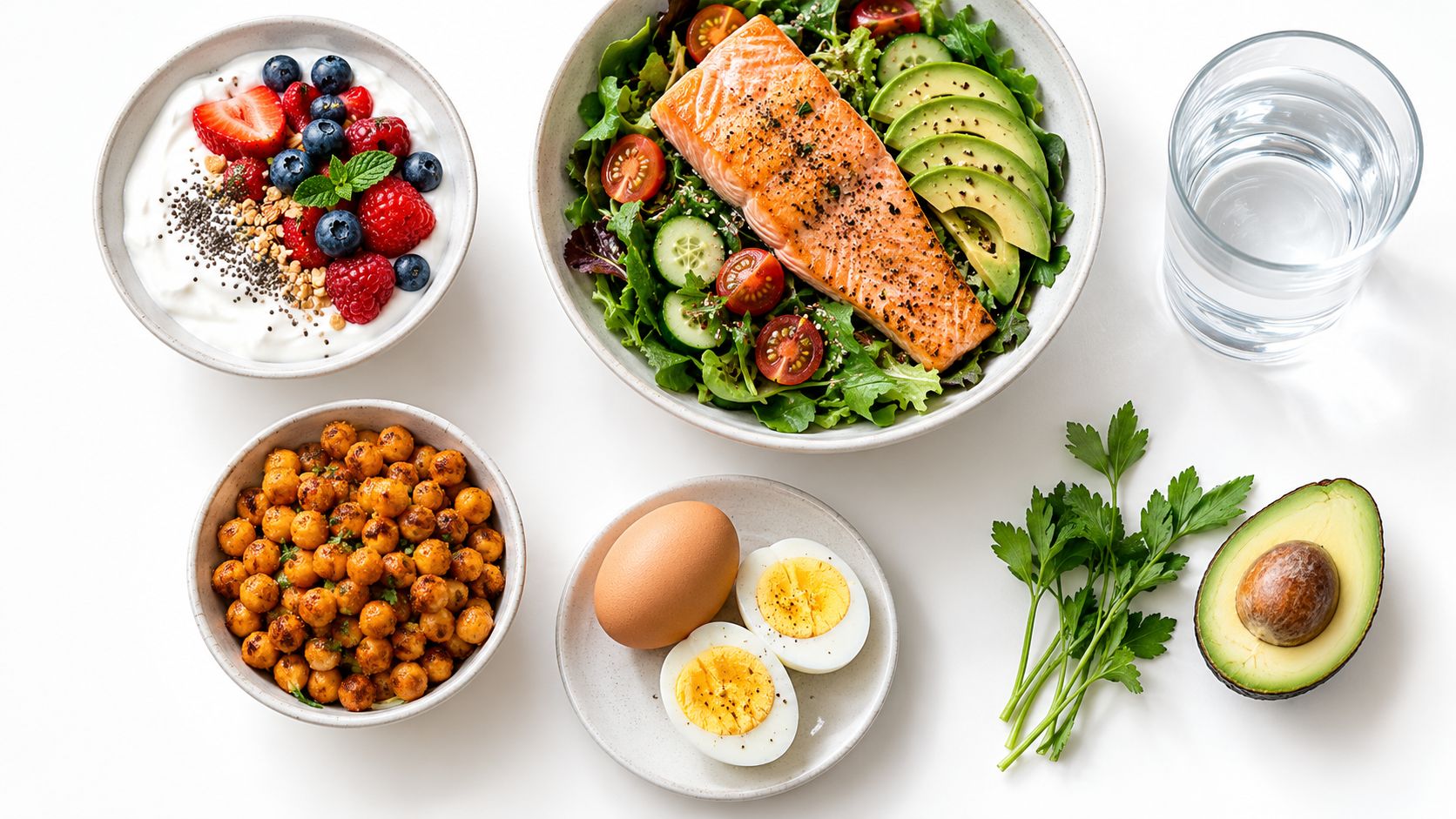 A top-down view of a balanced high protein healthy meal featuring salmon, chickpeas, eggs, and yogurt.