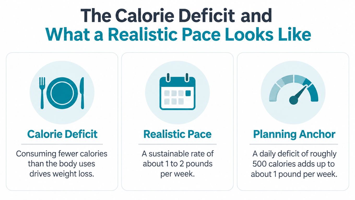 An infographic explaining the concept of a calorie deficit and a realistic weight loss pace.