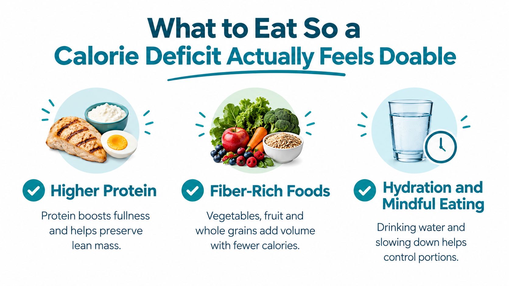A healthy eating guide for a calorie deficit featuring high protein, fiber-rich foods, and hydration tips.