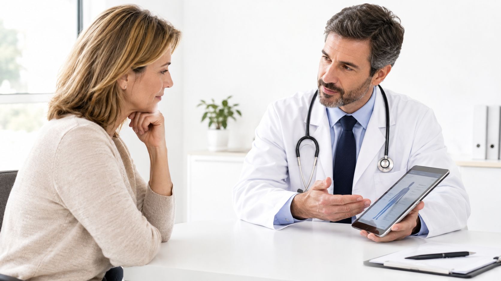 A male doctor in a white coat showing a medical diagram on a tablet to a patient.