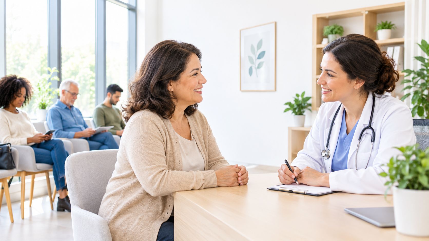 A friendly female doctor smiling while discussing health care plans with a patient during a clinic consultation.